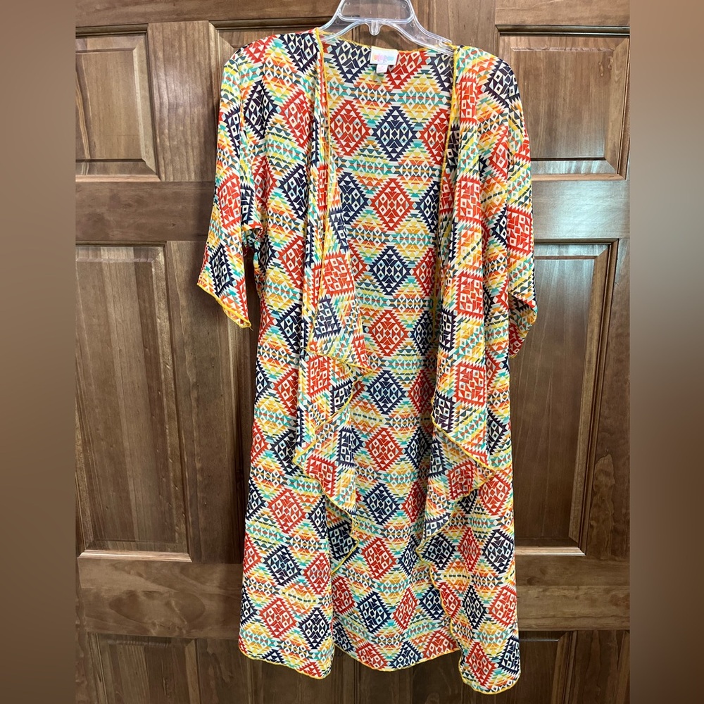 LuLaRoe Bianka Colorful Geometric Pattern Kimono, Size Small